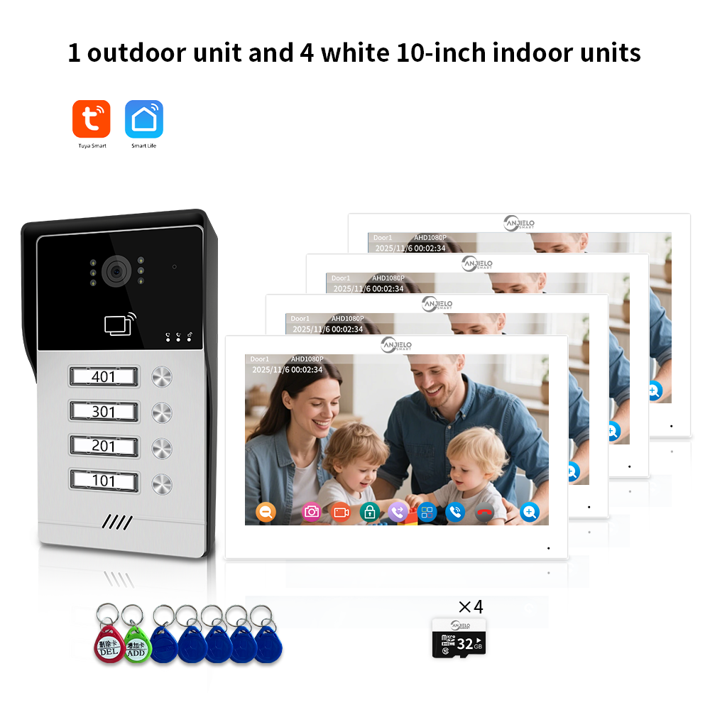 AnjieloSmart Newest Series of 4 Wired Tuya Wifi Video Intercom System Video Doorbell Card Unlock Suport 1/2/3/4 Unit for Apartment.