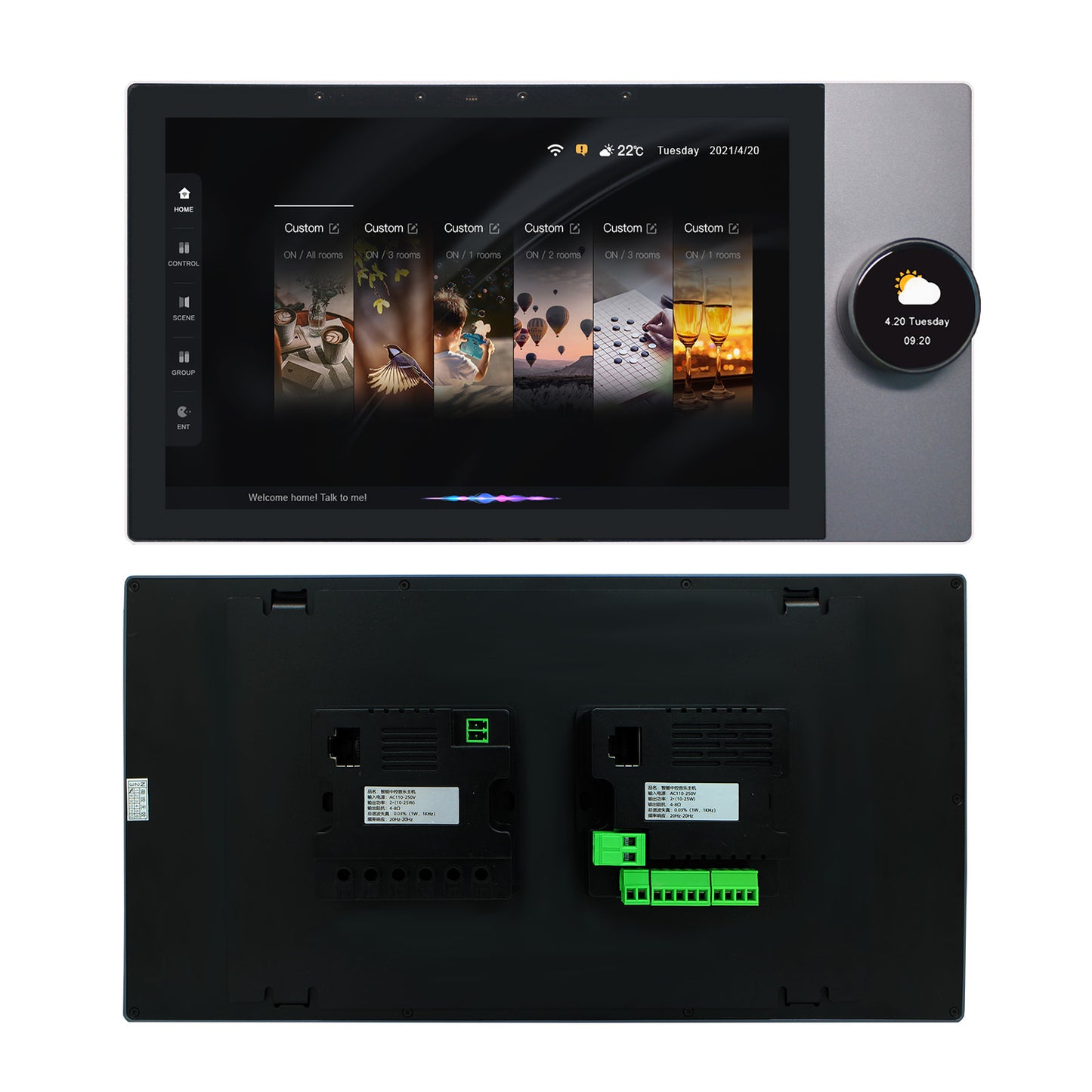 Anjielo 10-inch high-definition multi-functional central controller host with built-in knobs, wall-mounted and concealed installation structure, and remote app control capability.