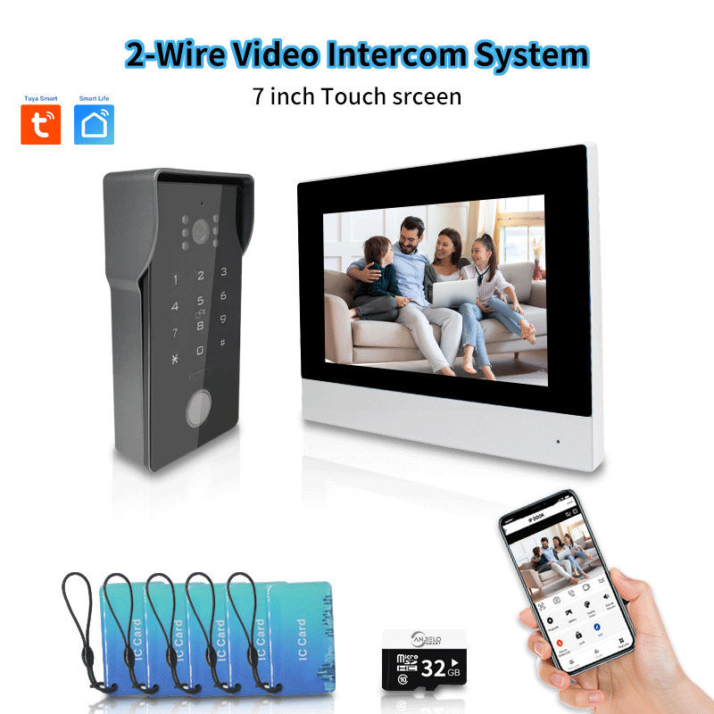 Anjielo Smart 2 Wire Wireless Video Intercom System 7" IPS LCD Screen RFID Unlock Tuya Smart Wifi Video Doorbell 1080P