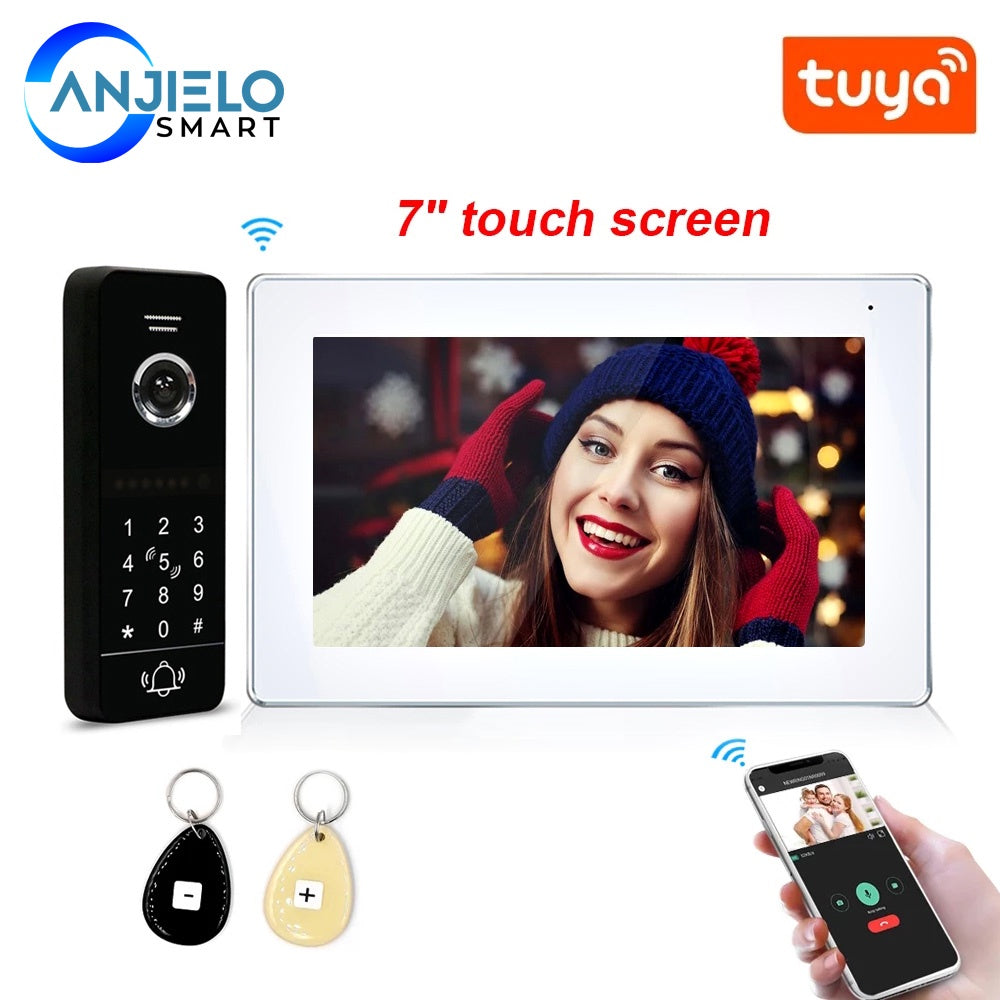 Anjielo Wireless WiFi Smart Video Intercom System Tuya Smart doorbell AHD Full Touch Screen with Wired Phone Talking One-Key Unlocking