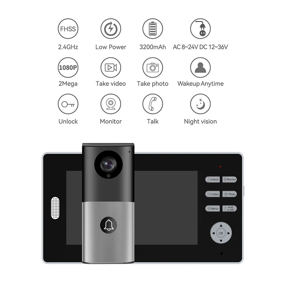 Anjielo 2.4Ghz Long Range Coverage 7 Inch HD 1080P Doorbell Wireless Video Intercom 2MP Door Phone Unlock Monitor 140° Home Security