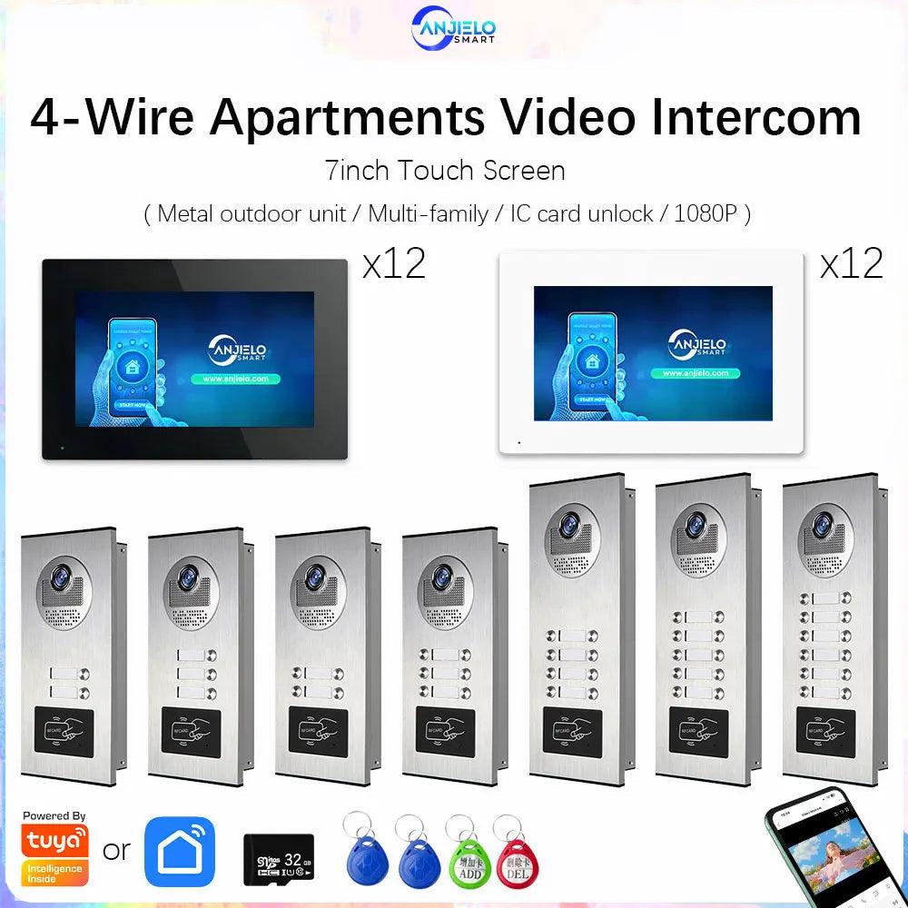 Anjielo AHD 1080P Video Doorbell for Multi-family Metal Doorbell Video Intercom System Tuya 7-inch Monitor