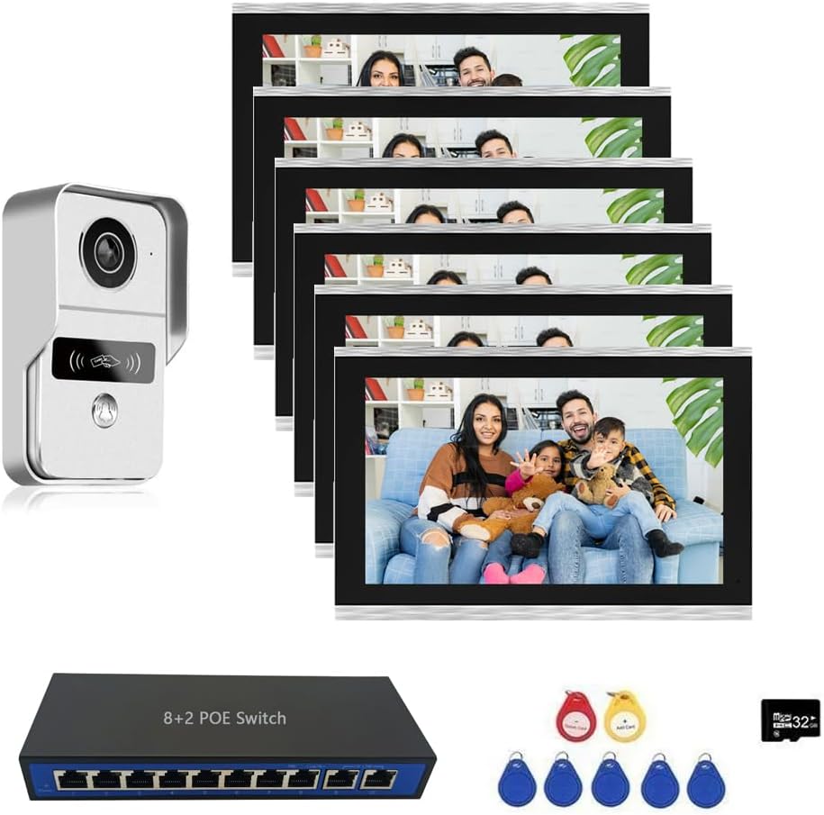 Anjielo IP Video Apartment Intercom System 1080P Camera and 6pcs 10 inch Touch Screen Monitor Tuya Wired Monitor Door Phone Kit