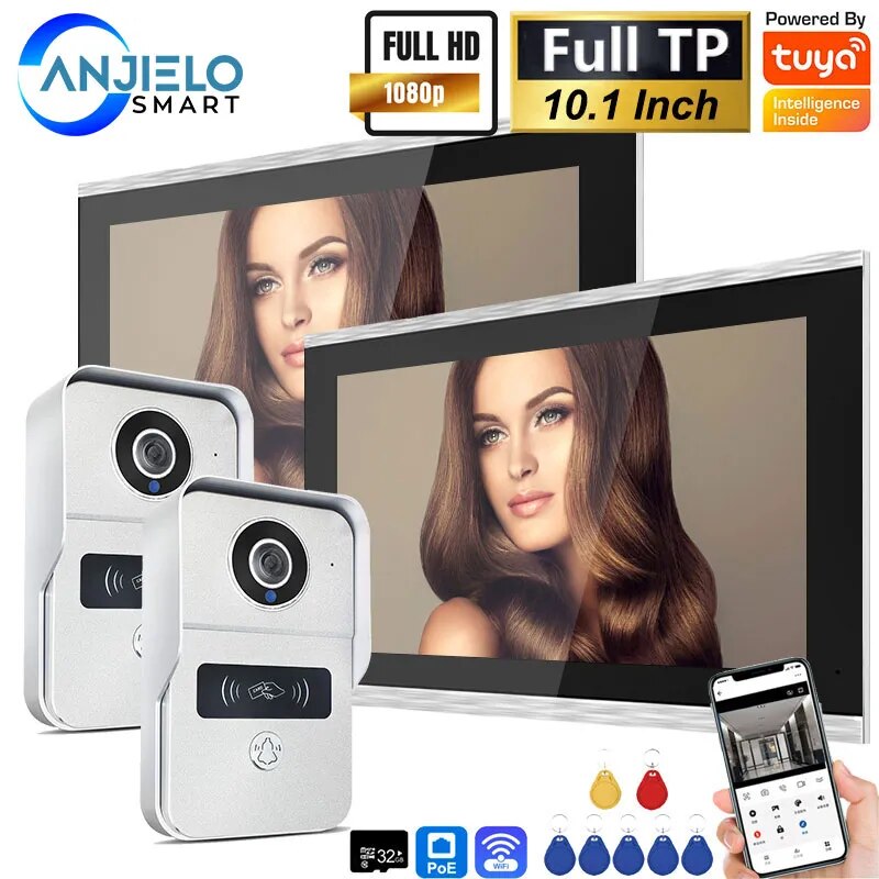 Anjielo 2MP 1080P 10-Inch IP Video Intercom Touch Screen Big Tuya Wireless Wifi POE Wired Doorbell for Villa Flat RFID Access Control