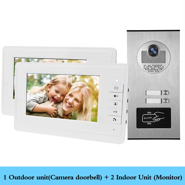 Anjielo Wired Home 7 Inch TFT Color Video Intercom Doorbell System RFID Camera Metal 700 TV Line with 2/3/4 Monitors Suitable for Multi-family Apartments