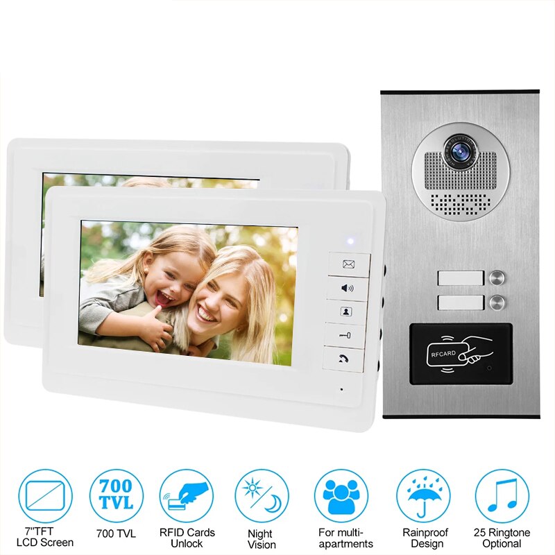 Anjielo Wired Home 7 Inch TFT Color Video Intercom Doorbell System RFID Camera Metal 700 TV Line with 2/3/4 Monitors Suitable for Multi-family Apartments