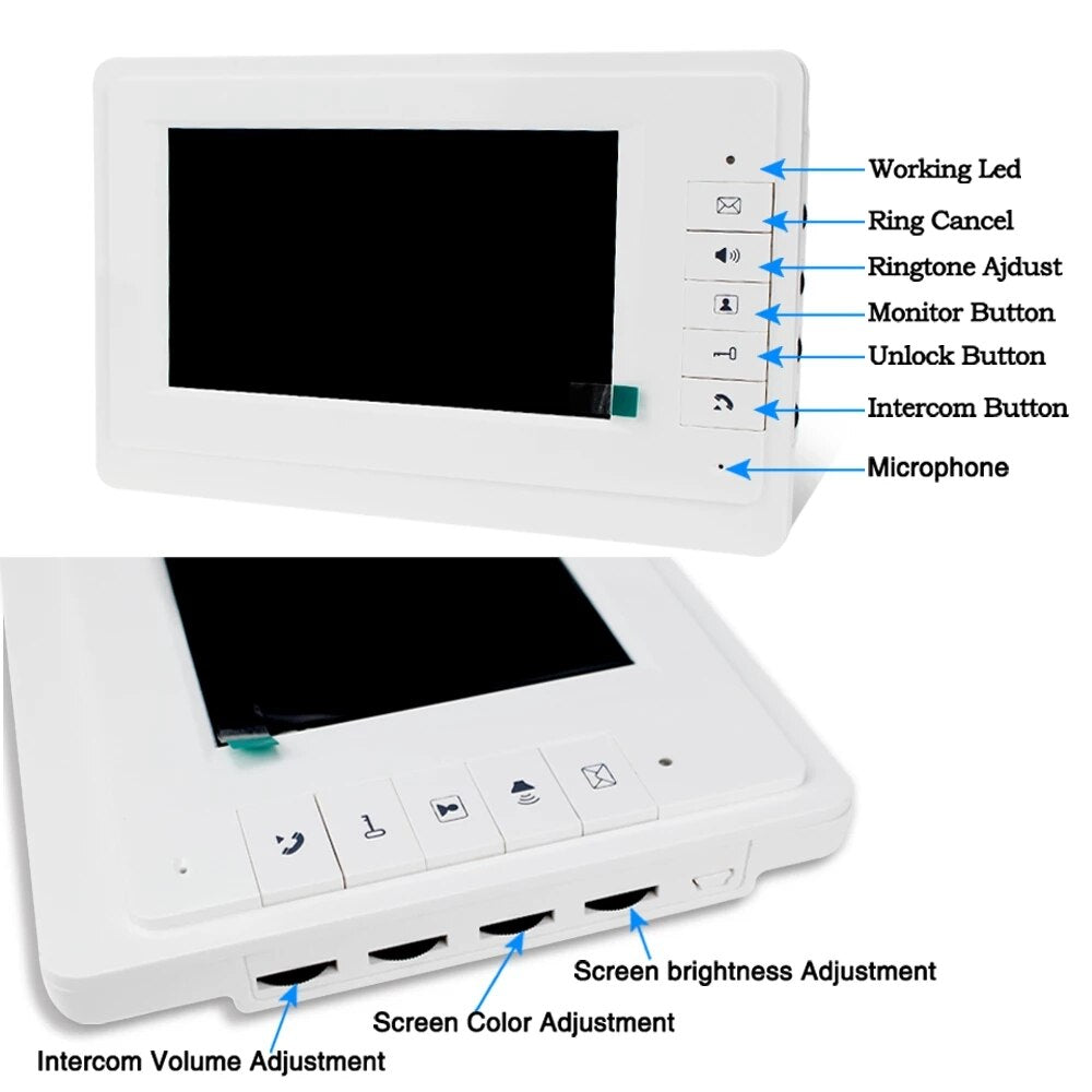 Anjielo Wired Home 7 Inch TFT Color Video Intercom Doorbell System RFID Camera Metal 700 TV Line with 2/3/4 Monitors Suitable for Multi-family Apartments