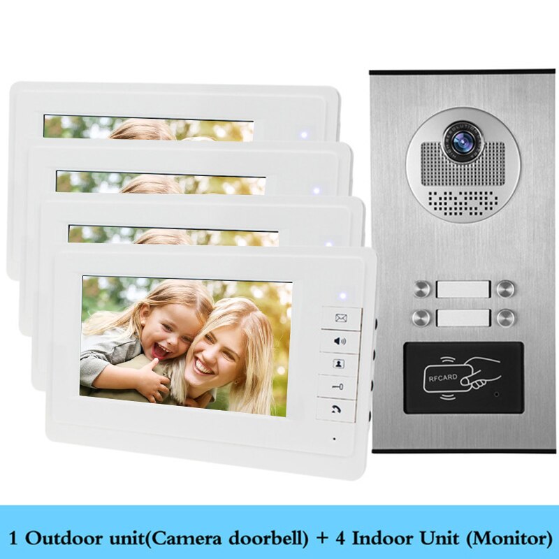 Anjielo Wired Home 7 Inch TFT Color Video Intercom Doorbell System RFID Camera Metal 700 TV Line with 2/3/4 Monitors Suitable for Multi-family Apartments