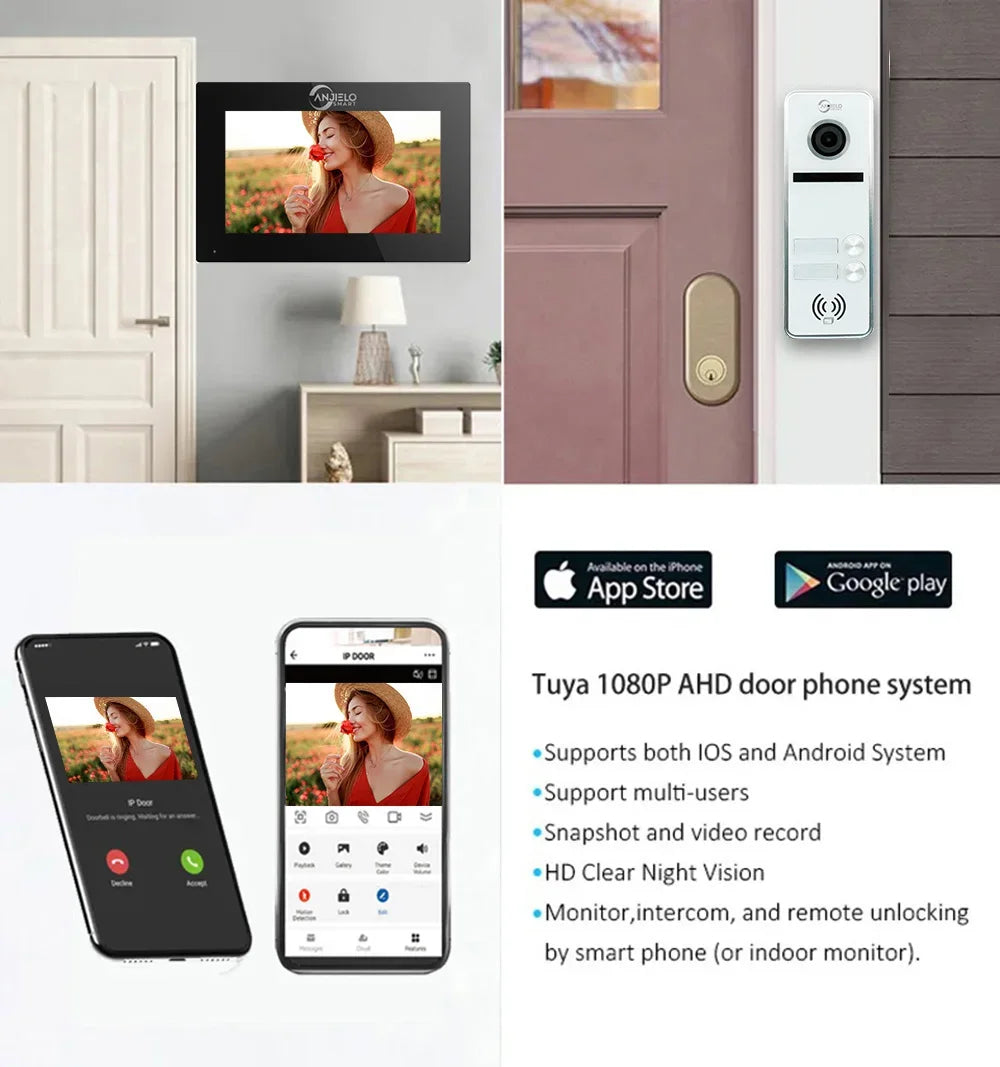 Anjielo Smart Tuya 7/10 Inch Video Smart Home Video 2 Doorbell System 1080P 160° Wired Doorbell Camera Touch Screen