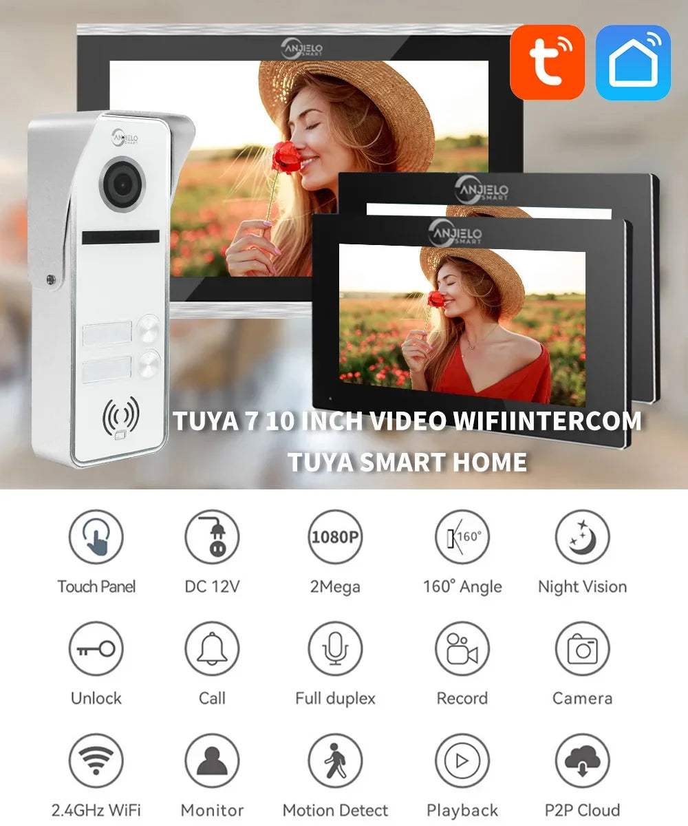 Anjielo Smart Tuya 7/10 Inch Video Smart Home Video 2 Doorbell System 1080P 160° Wired Doorbell Camera Touch Screen