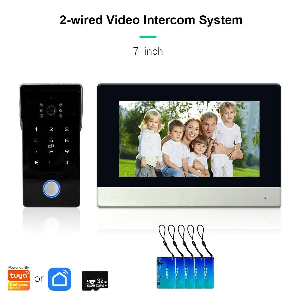 Anjielo 1080P Camera Touch Screen Monitor with Password IC Card Unlock Tuya Smart IP Two-Line Doorbell Video Intercom System