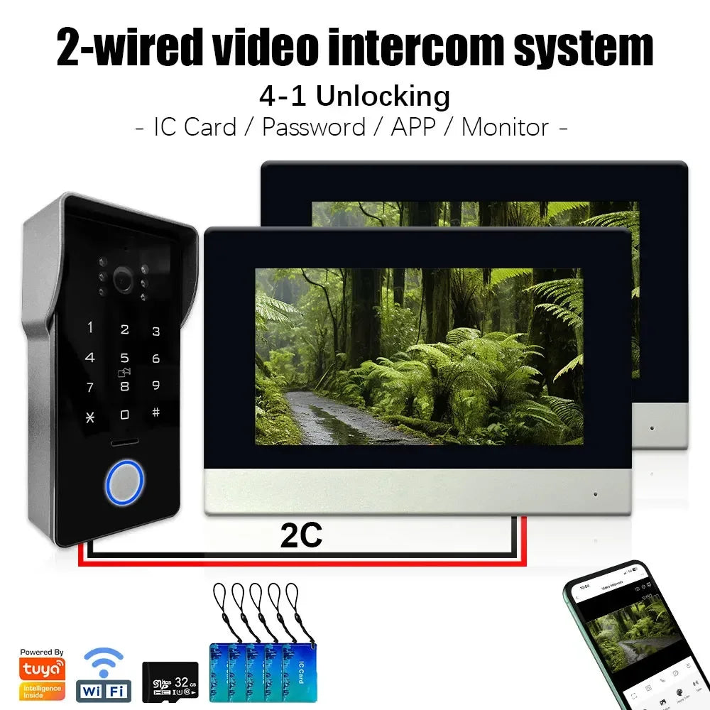 Anjielo 1080P Camera Touch Screen Monitor with Password IC Card Unlock Tuya Smart IP Two-Line Doorbell Video Intercom System