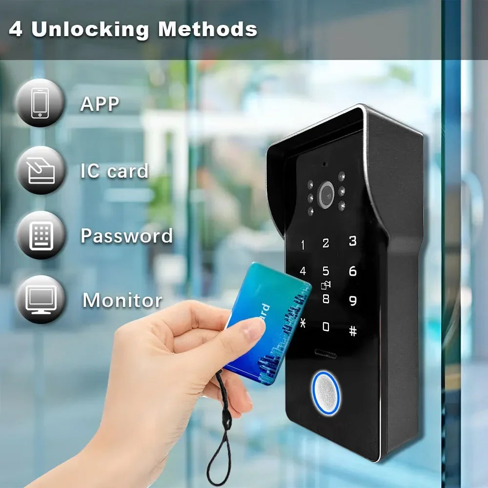 Anjielo 1080P Camera Touch Screen Monitor with Password IC Card Unlock Tuya Smart IP Two-Line Doorbell Video Intercom System