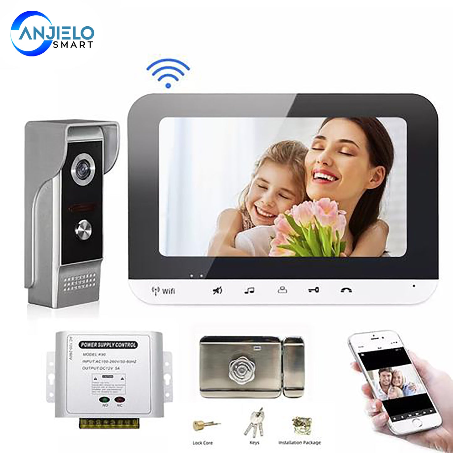 Anjielo Video Doorbell Intercom System IOS/Android Smartphone App Remote Control/Access Control Power/Electric Lock