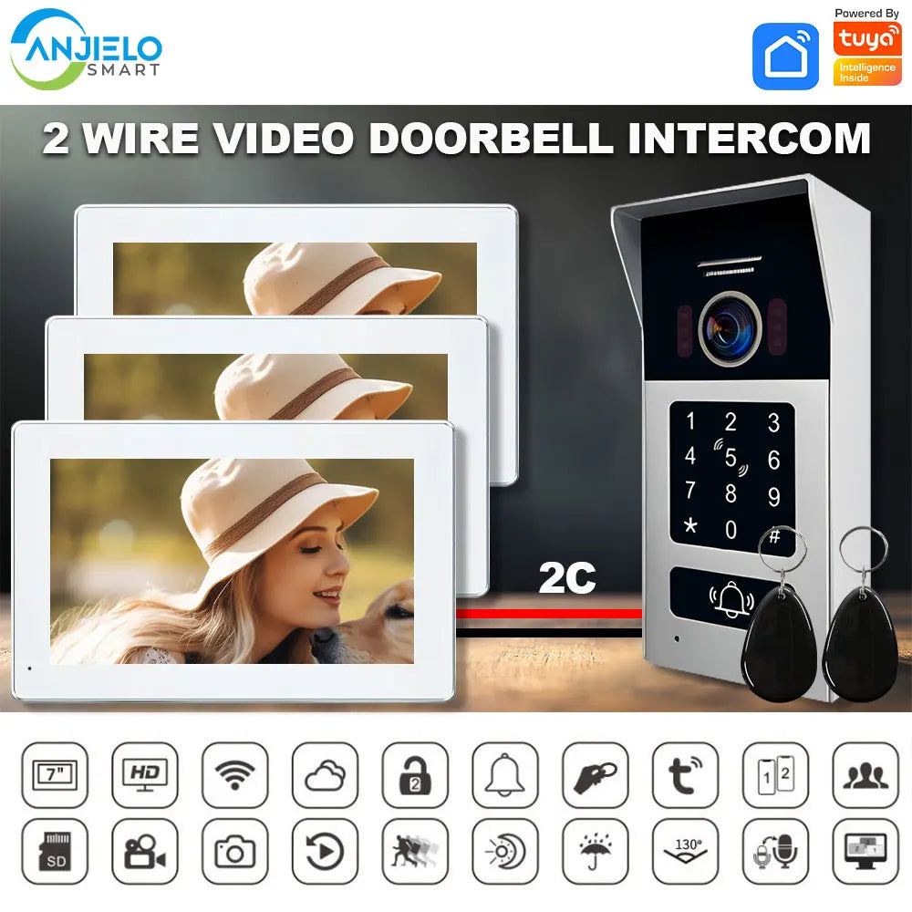 Anjielo Smart 1080P 7/10 Inch Touch Monitor with RFID Card Access Control System for Home Villa 2 Line Video Intercom Doorbell Kit