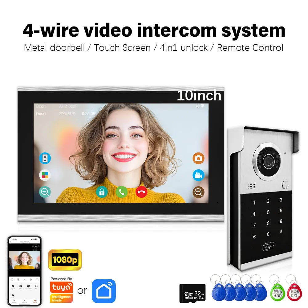 Anjielo Metal Doorbell Video Intercom System Touch Screen 4 in 1 Unlock Mobile Tuya Remote Security Home Protection