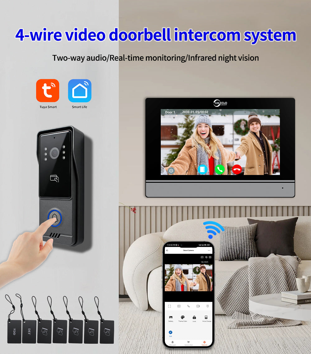 AnjieloSmart Latest Video Door Phone Access Control System - 1080P HD, IC Card & NFC Unlock, 7/10-inch Touchscreen Indoor Monitor, Tuya App Support