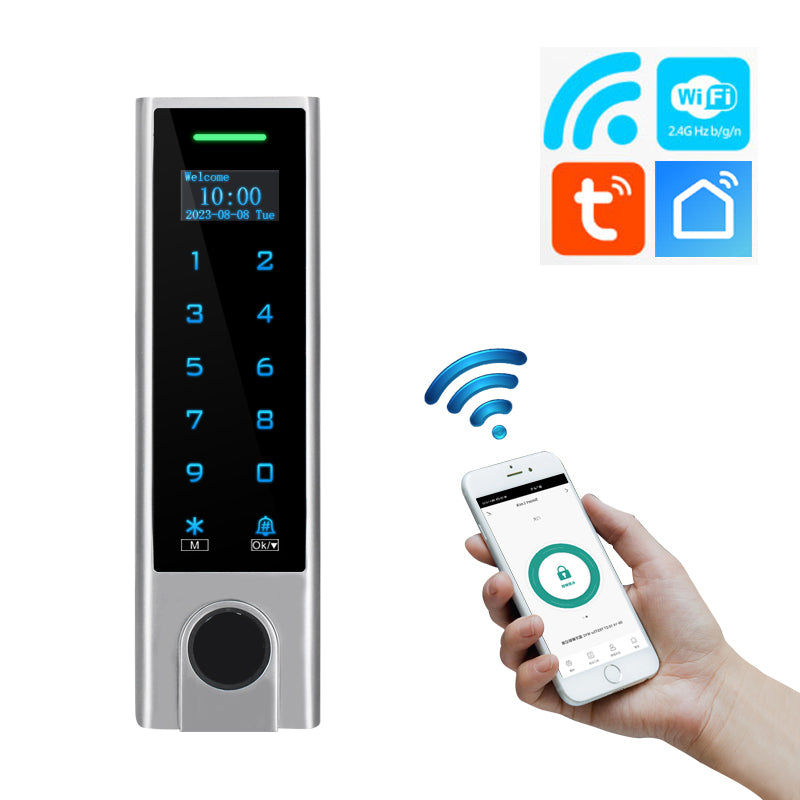 Anjielo Tuya WiFi Fingerprint Access Control Keypad, IP66 Waterproof Metal RFID Card Reader, OLED Display, 4 in 1 Keyless Entry Door Access Controller for Home Office