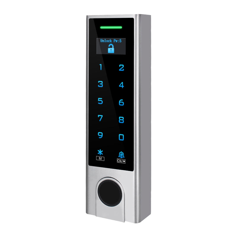Anjielo Tuya WiFi Fingerprint Access Control Keypad, IP66 Waterproof Metal RFID Card Reader, OLED Display, 4 in 1 Keyless Entry Door Access Controller for Home Office
