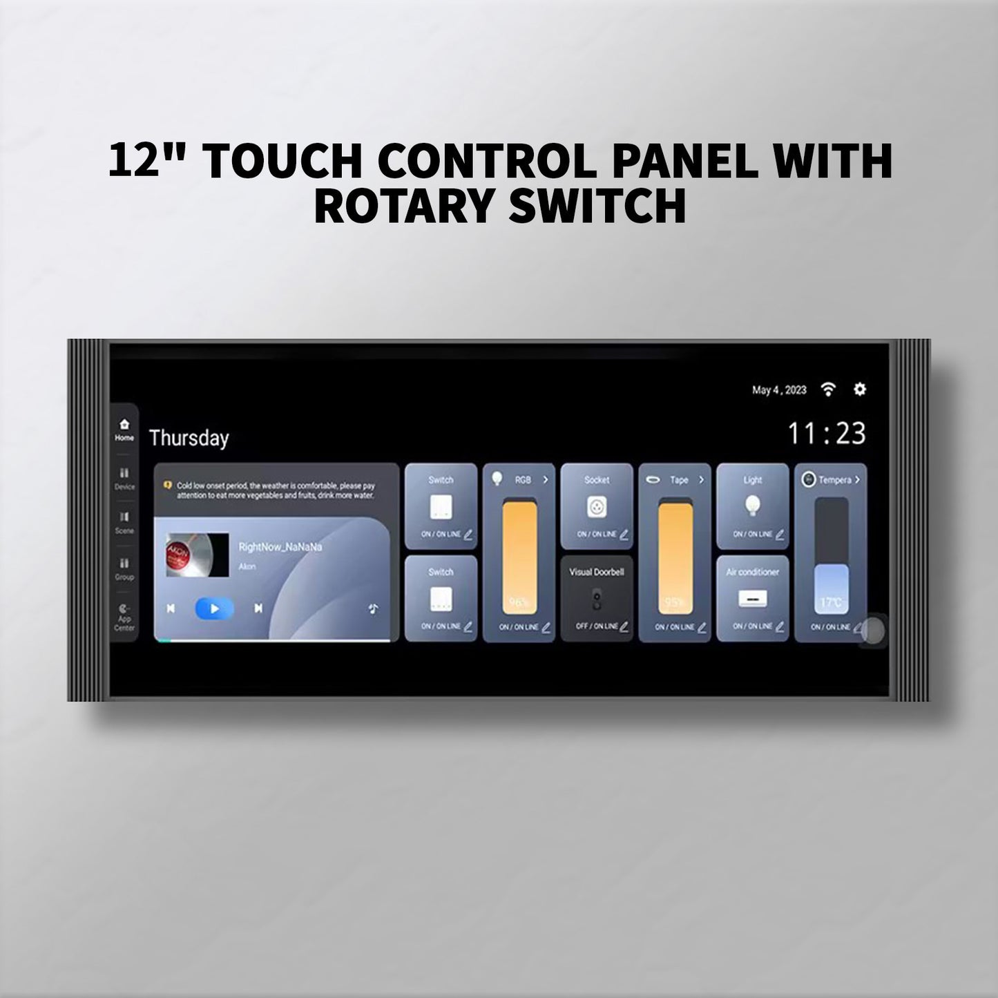Anjielo 12-inch IPS display with a resolution of 1920*720, a smart home control screen for home scene linkage and remote automatic control by mobile phone.