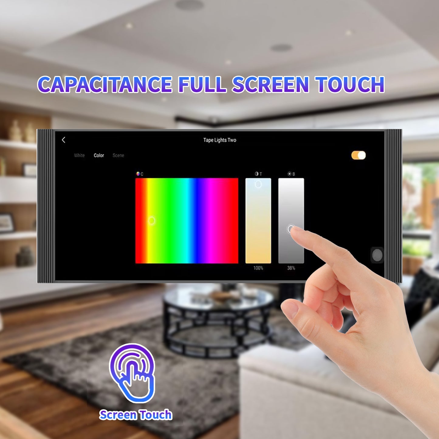 Anjielo 12-inch IPS display with a resolution of 1920*720, a smart home control screen for home scene linkage and remote automatic control by mobile phone.