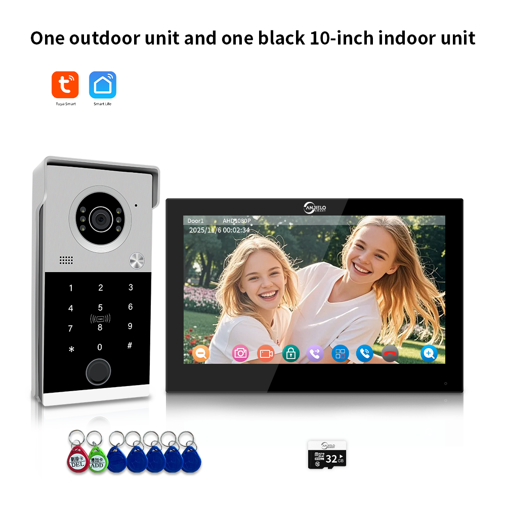 AnjieloSmart 1080P Tuya Smart Video Intercom System Video Doorbell Camera with RFID Card Unlcok Fingerprint and Passcode Unlock for Apartment