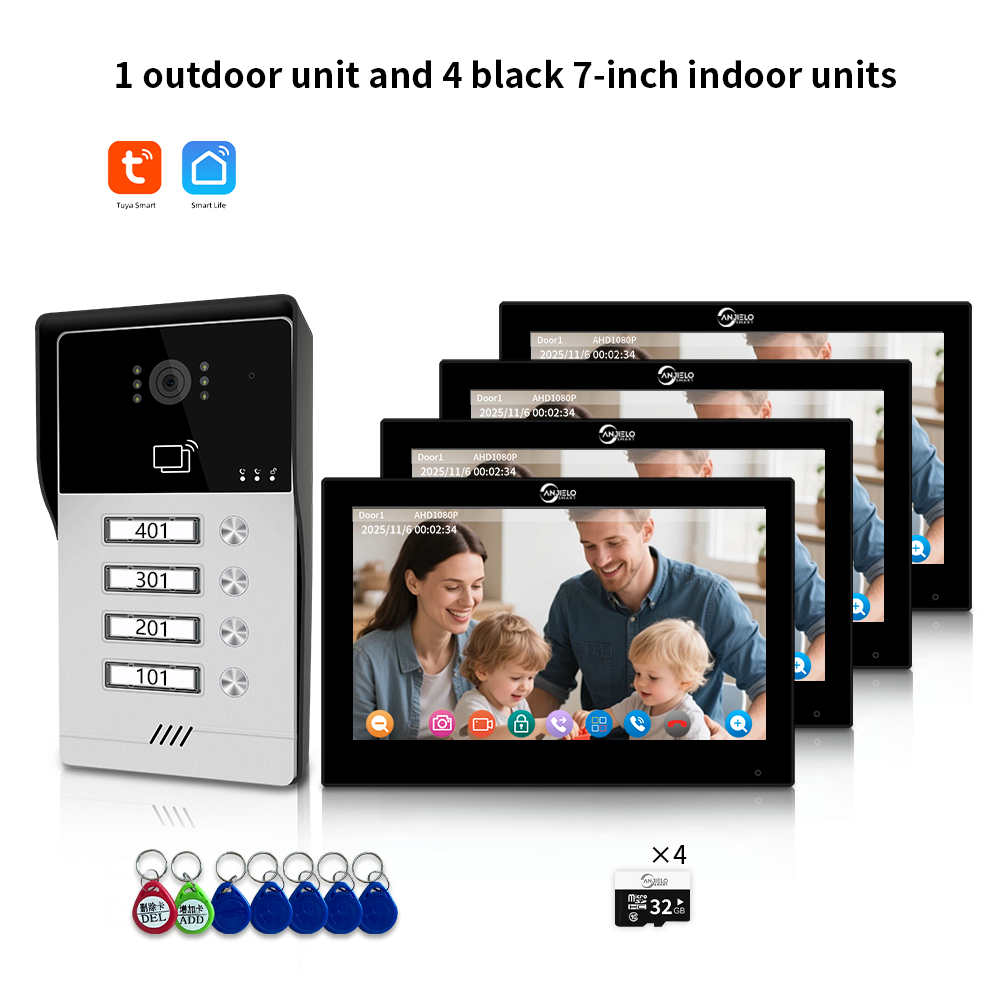 AnjieloSmart Newest Series of 4 Wired Tuya Wifi Video Intercom System Video Doorbell Card Unlock Suport 1/2/3/4 Unit for Apartment.