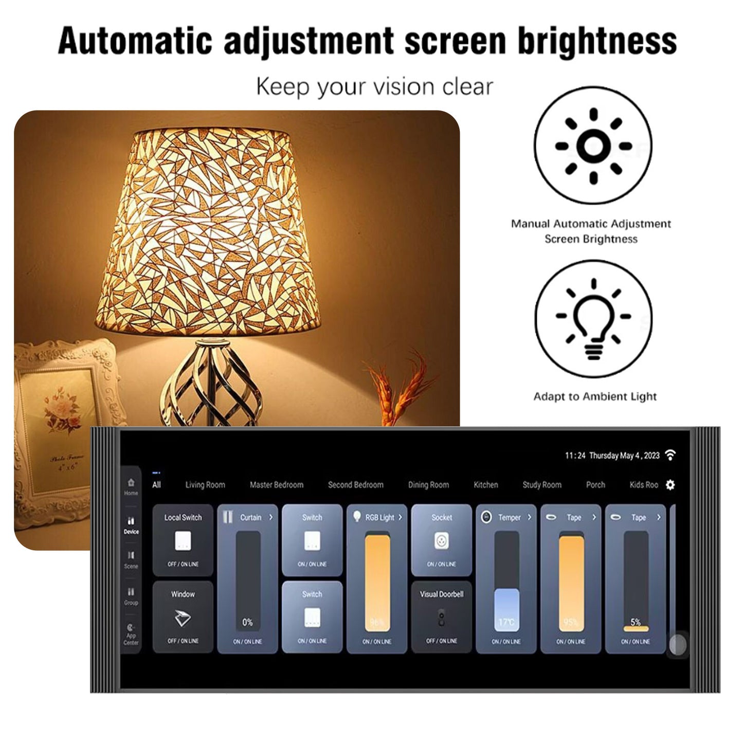 Anjielo 12-inch IPS display with a resolution of 1920*720, a smart home control screen for home scene linkage and remote automatic control by mobile phone.