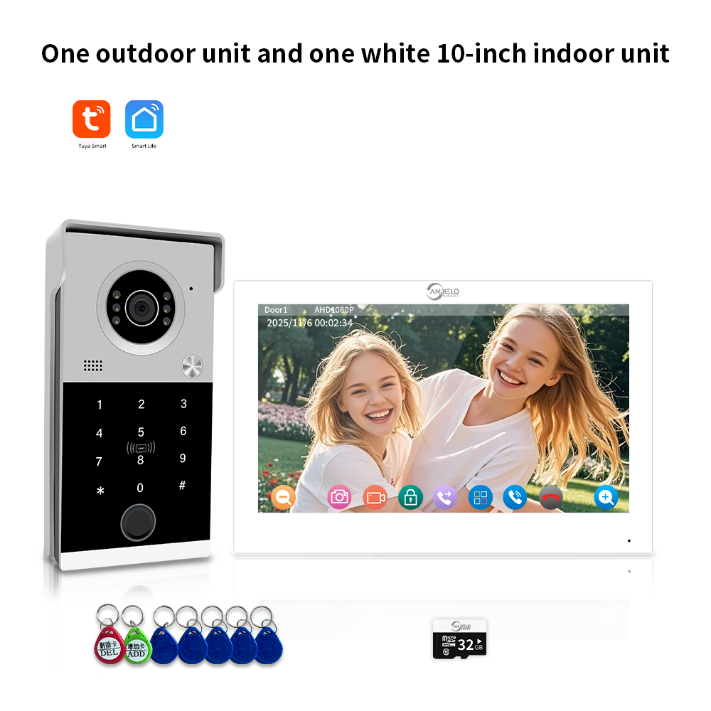 AnjieloSmart 1080P Tuya Smart Video Intercom System Video Doorbell Camera with RFID Card Unlcok Fingerprint and Passcode Unlock for Apartment