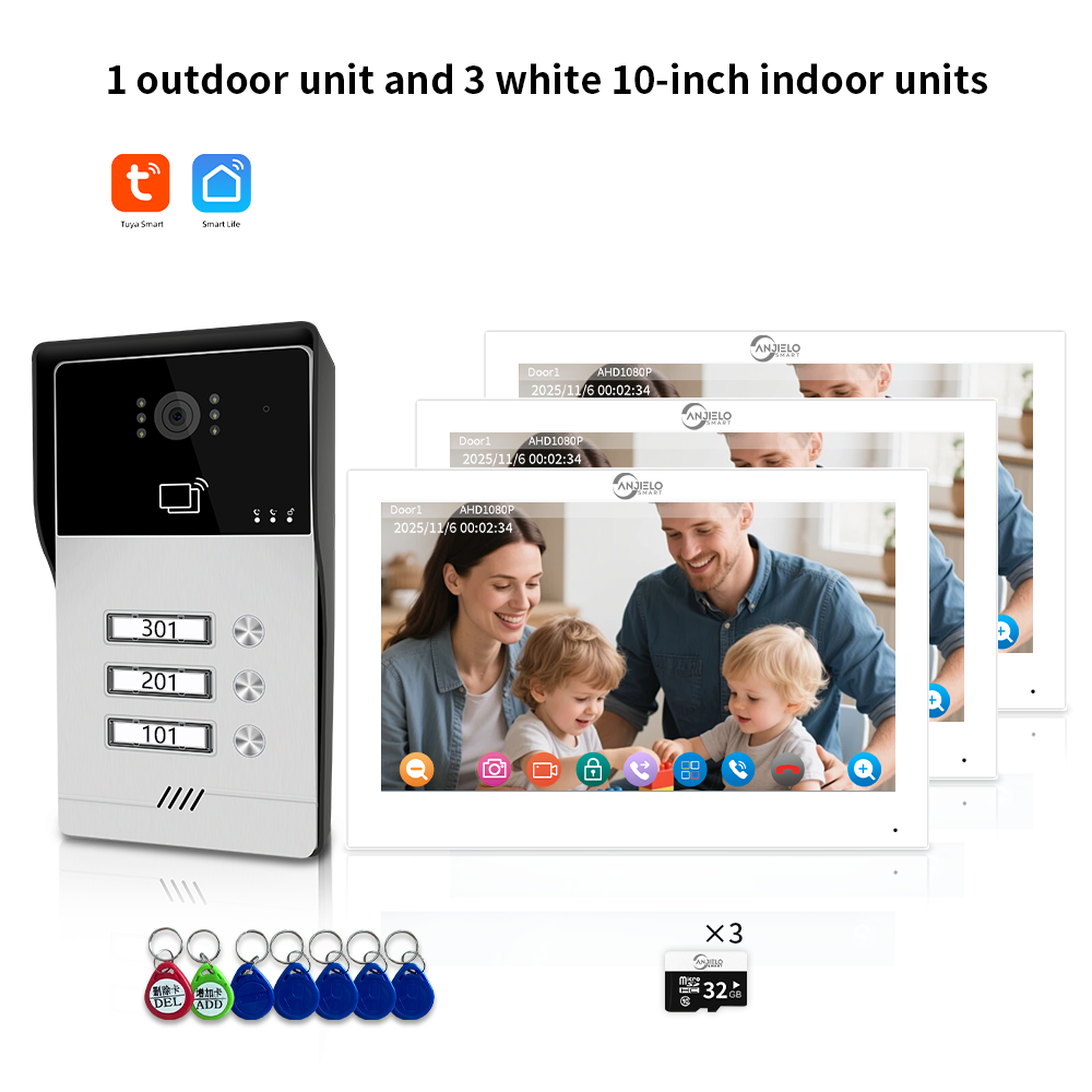 AnjieloSmart Newest Series of 4 Wired Tuya Wifi Video Intercom System Video Doorbell Card Unlock Suport 1/2/3/4 Unit for Apartment.