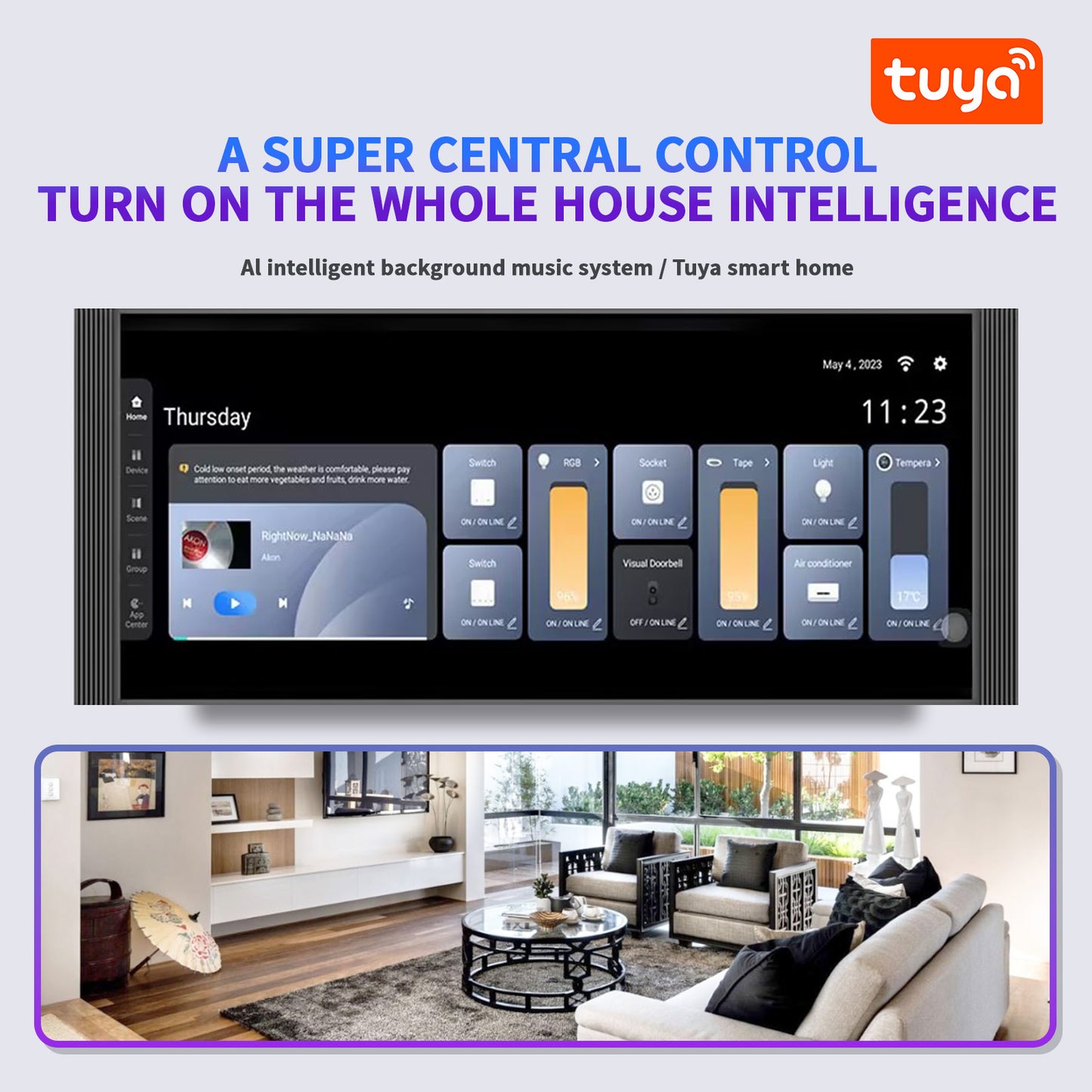 Anjielo 12-inch IPS display with a resolution of 1920*720, a smart home control screen for home scene linkage and remote automatic control by mobile phone.
