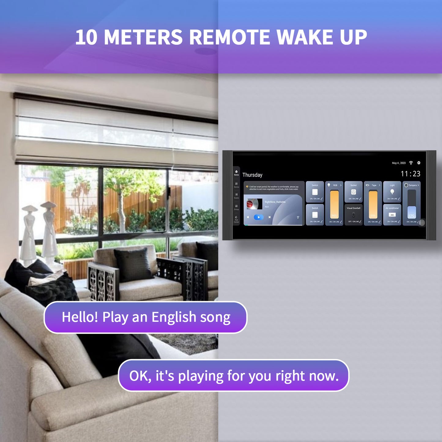 Anjielo 12-inch IPS display with a resolution of 1920*720, a smart home control screen for home scene linkage and remote automatic control by mobile phone.