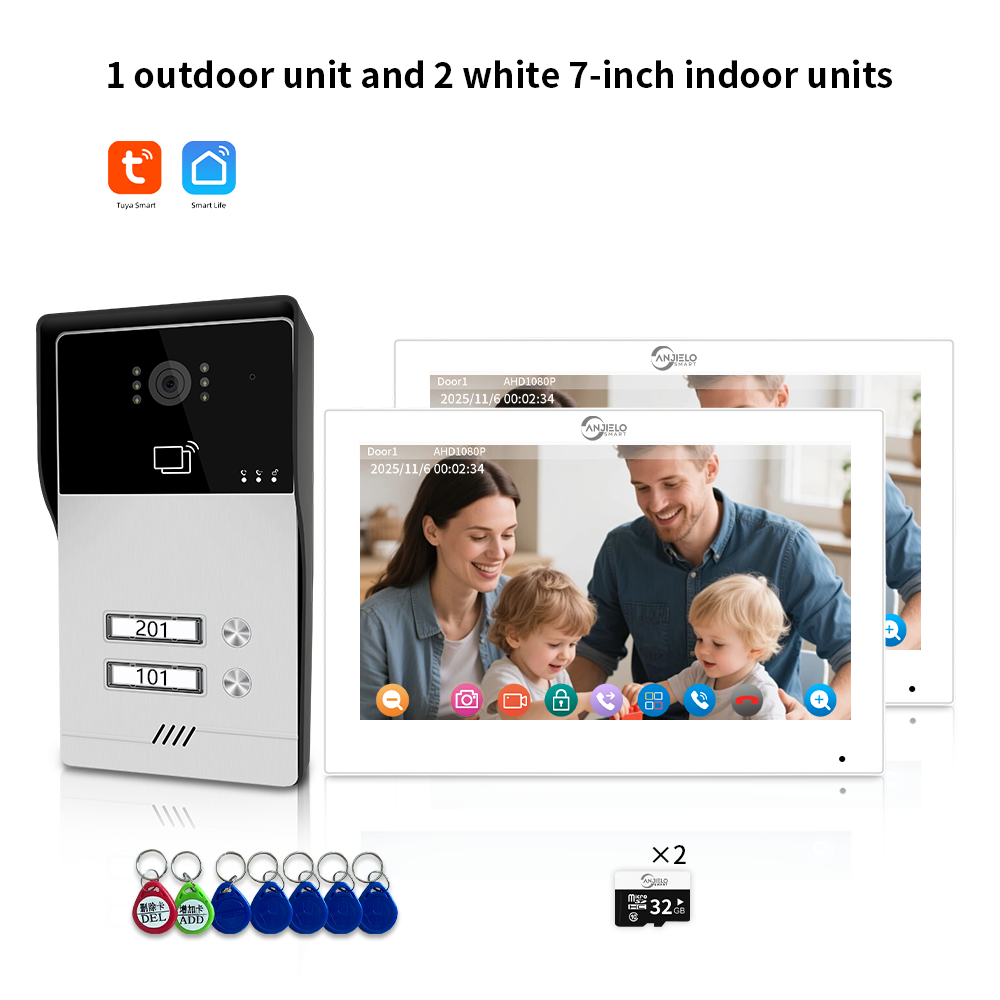 AnjieloSmart Newest Series of 4 Wired Tuya Wifi Video Intercom System Video Doorbell Card Unlock Suport 1/2/3/4 Unit for Apartment.
