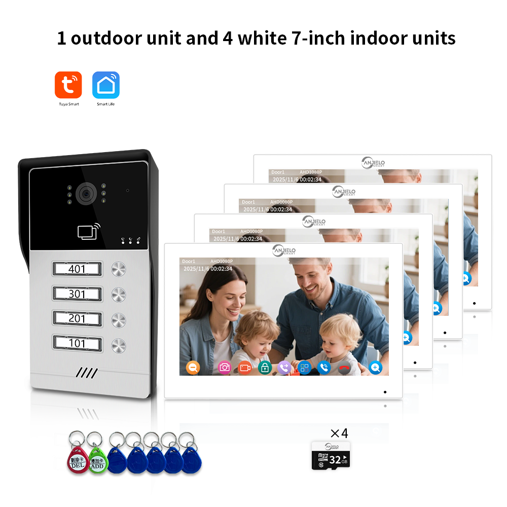 AnjieloSmart Newest Series of 4 Wired Tuya Wifi Video Intercom System Video Doorbell Card Unlock Suport 1/2/3/4 Unit for Apartment.