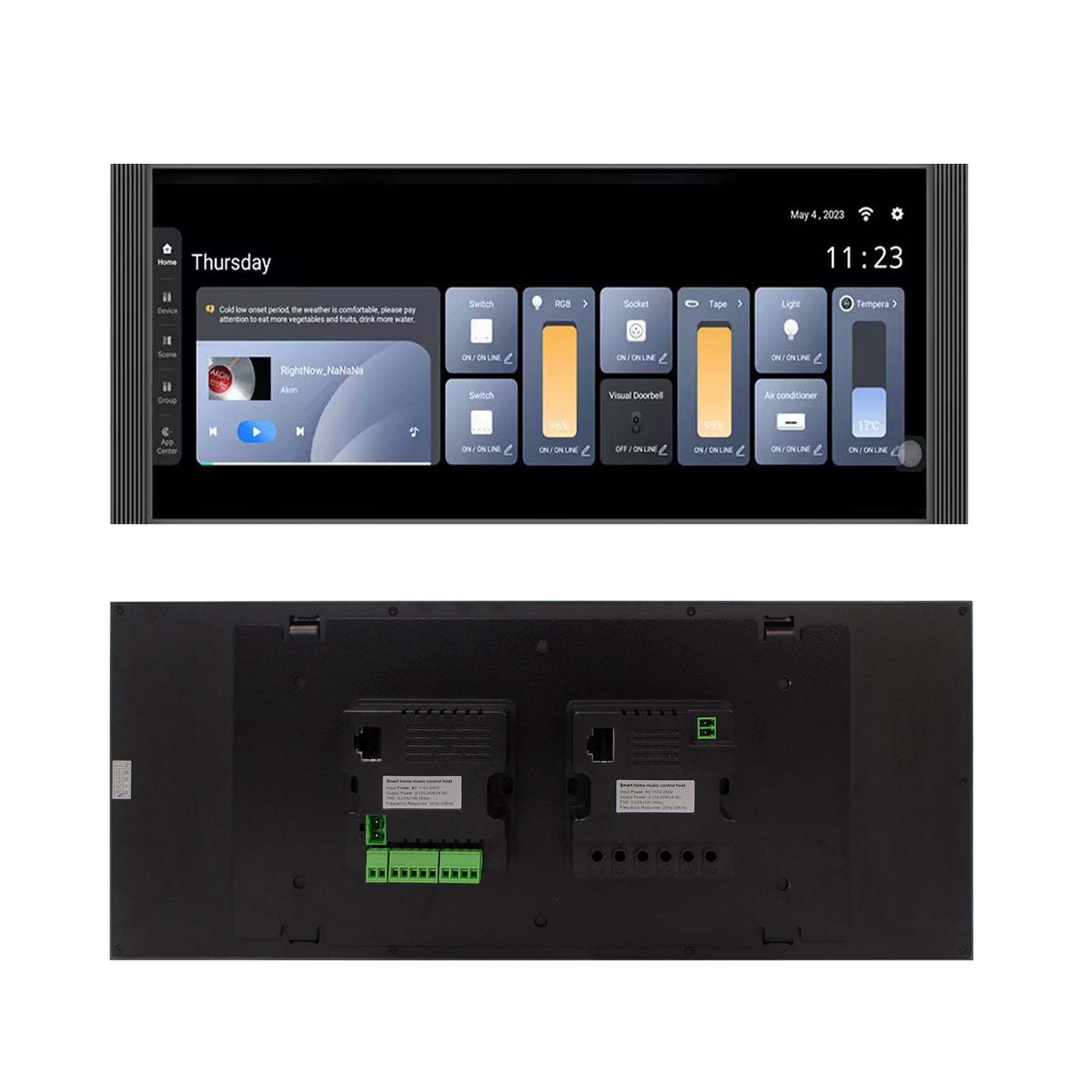 Anjielo 12-inch IPS display with a resolution of 1920*720, a smart home control screen for home scene linkage and remote automatic control by mobile phone.