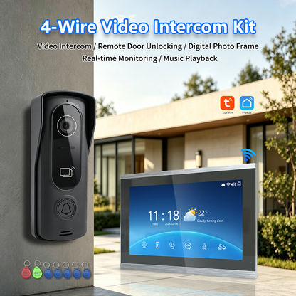 4-Wire Tuya Smart Video Intercom Kit, 7/10 Inch Touch Indoor Monitor, RFID Card & App Remote Unlock Villa Door Phone