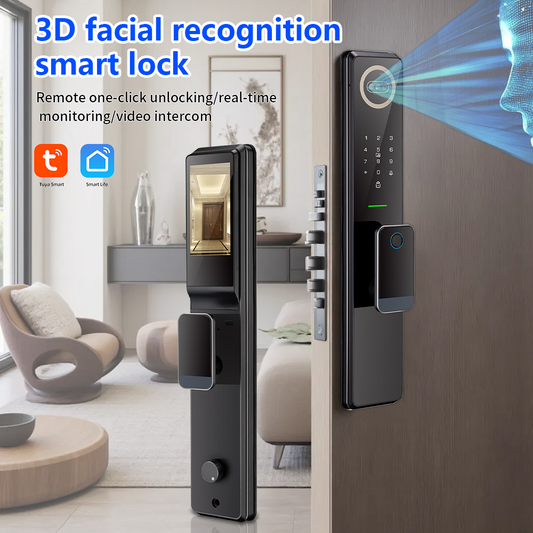 AnjieloSmart 3D Facial Recognition Fully Automatic Smart Lock Support 5 Ways Unlock for Remote Video Intercom + Temporary Password Smart Control, Anti-pry and Low Battery Multiple Alarms
