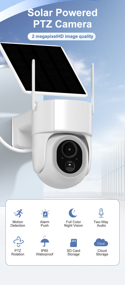 AnjieloSmart Solar Security 1.5-inch PTZ camera Camera Wireless Outdoor - 360° Full-Color Night Vision, PIR Human Detection and IP65, Works with Alexa/Google