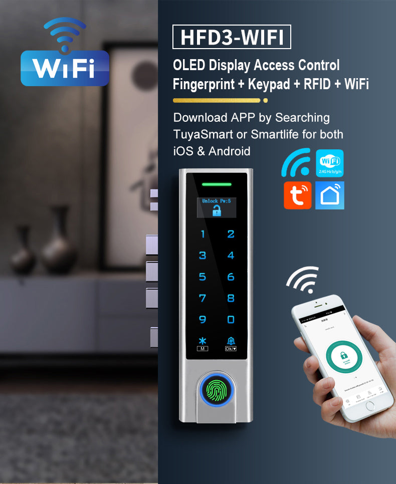 Anjielo Tuya WiFi Fingerprint Access Control Keypad, IP66 Waterproof Metal RFID Card Reader, OLED Display, 4 in 1 Keyless Entry Door Access Controller for Home Office