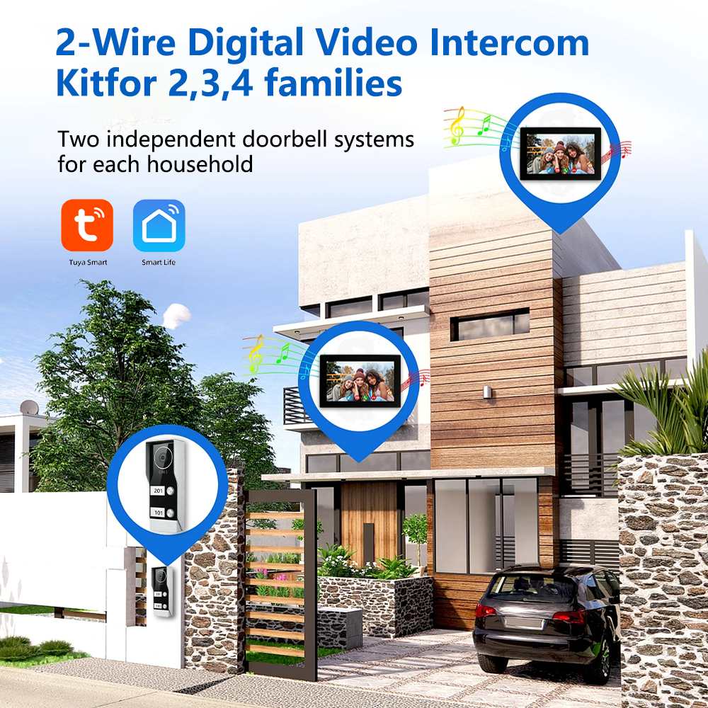 AnjieloSmart Tuya Smart 2-Wire Video Intercom System 7" HD Touch Screen for 2-4 Families