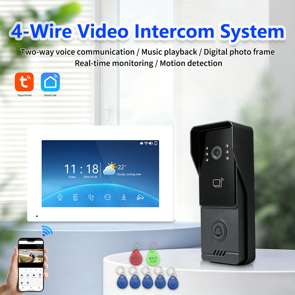 Anjielo 4-Wire Video Intercom | 7/10" Touch Screen Tuya Video Doorbell, IP65, RFID Remote Unlock, Night Vision Motion Detection