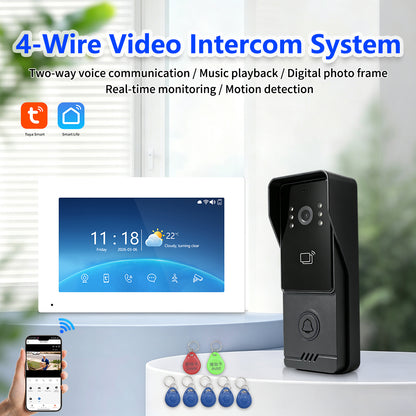Anjielo 4-Wire Video Intercom | 7/10" Touch Screen Tuya Video Doorbell, IP65, RFID Remote Unlock, Night Vision Motion Detection