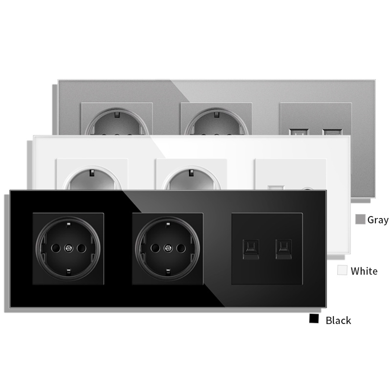 AnjieloSmart Type 82 European standard socket, German style, with USB port, TV/CAT6 internet RJ45 computer connection, and glass frame.