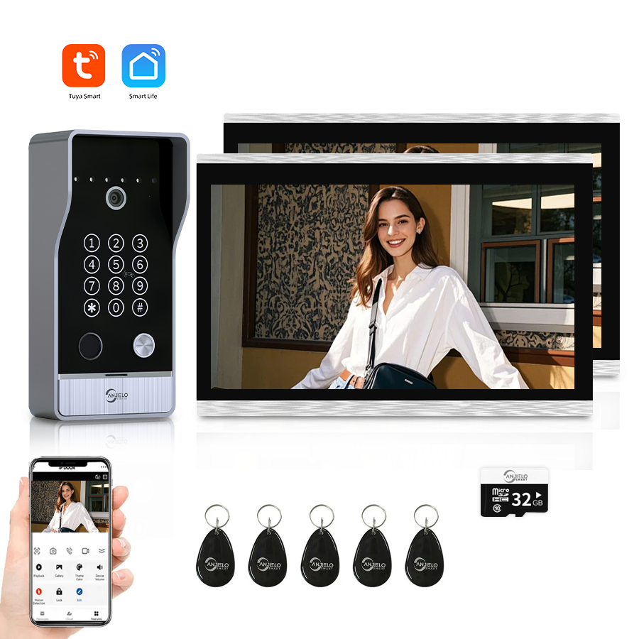 AnjieloSmart Newest Tuya Smart Wi-Fi Video Door Phone System Large Size FHD 1080P RFID Card Fingerprint Passcode Unlock for Apartments