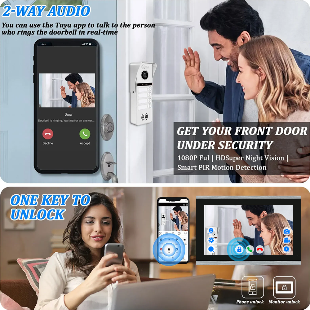 Anjielo Smart 4-Wire Tuya Video Intercom System 7/10 Inch Touch Screen Multi Family Video Door Phone 1080P IR Night Vision RFID Card Unlock