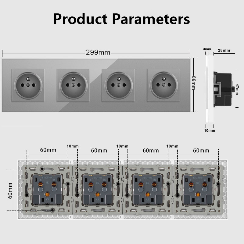 AnjieloSmart European Standard Type 86 French Four-Outlet Socket, 299*86mm Glass Panel, 16A Wall Power Socket