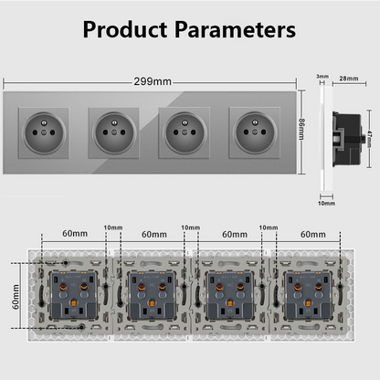 AnjieloSmart European Standard Type 86 French Four-Outlet Socket, 299*86mm Glass Panel, 16A Wall Power Socket