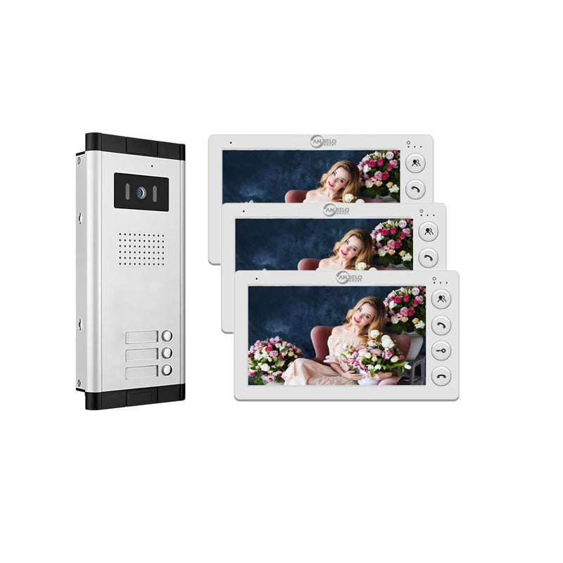 AnjieloSmart 4 Wired Video Intercom 7 Inch Monitor Video Door Intercom for2/3/4/5/6/8/10/12 Multi-Units Video Doorbell for ID Card to Unlock