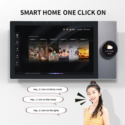 Anjielo 10-inch high-definition multi-functional central controller host with built-in knobs, wall-mounted and concealed installation structure, and remote app control capability.