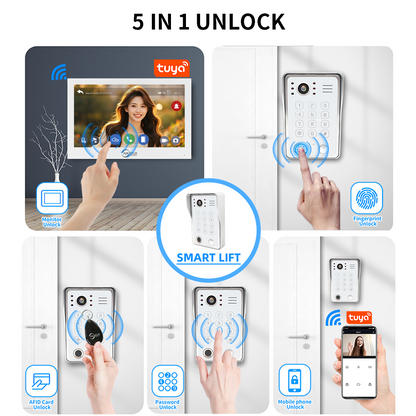 Anjielo 7/10 Inch 4-Wire WiFi Video Intercom System with 5-in-1 Unlock Fingerprint RFID Password App for Home Apartment